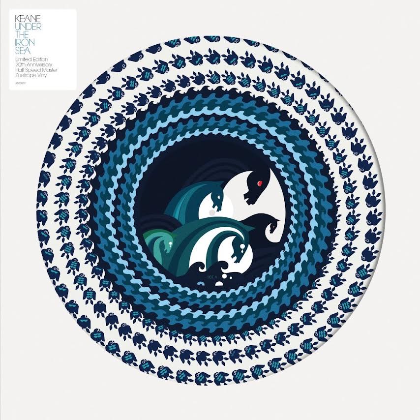 Keane - Under The Iron Sea (Limited Edition Zoetrope) Vinyl Vinyl record cover with a stylized dolphin design and concentric circle pattern on a white background