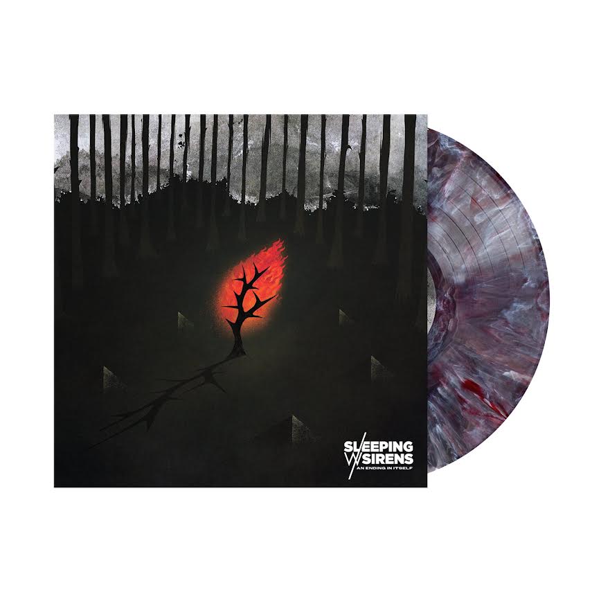 Sleeping With Sirens - An Ending In Itself Vinyl record with a dark cover featuring a red moon and trees, and 'Sleeping with Sirens' branding.