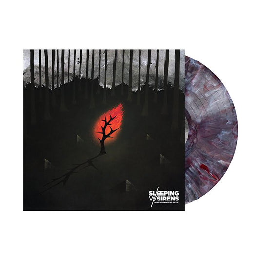 Sleeping With Sirens - An Ending In Itself Vinyl record with a dark cover featuring a red moon and trees, and 'Sleeping with Sirens' branding.