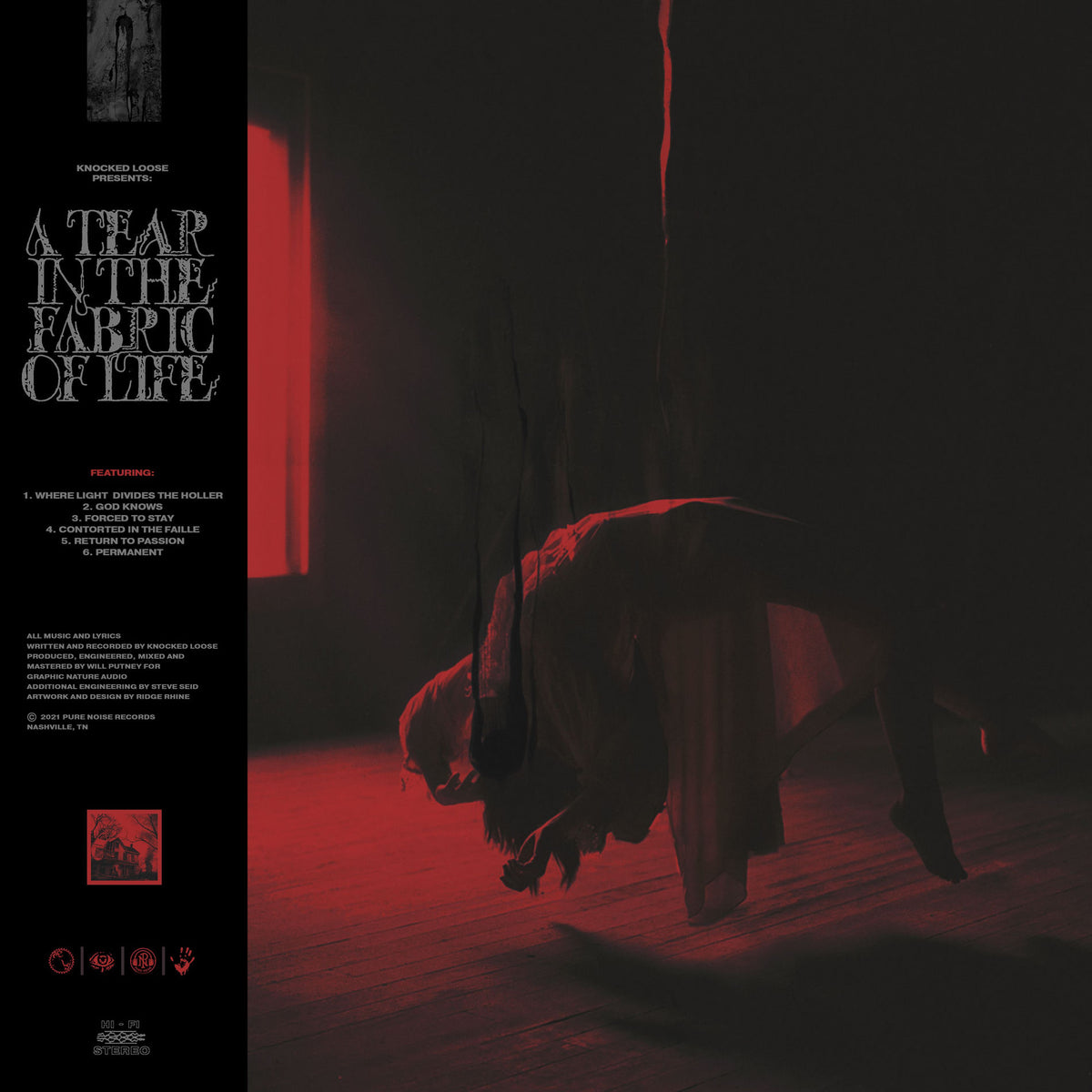 Knocked Loose - A Tear In The Fabric of Life (Toffee) Vinyl Album cover with a dark and moody scene, featuring a person lying on the ground with a red light.
