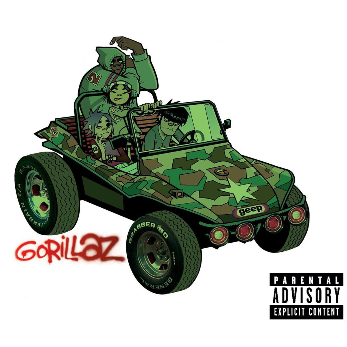 Gorillaz - Gorillaz Vinyl Album cover with a cartoon-style green jeep and characters, featuring 'Gorillaz' and 'Parental Advisory' labels.