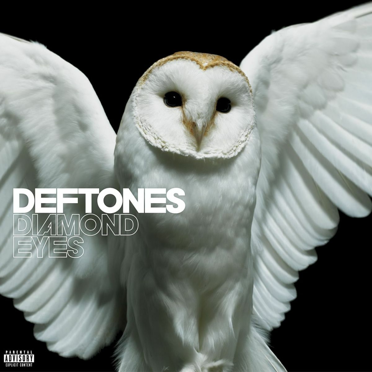 Deftones - Diamond Eyes Vinyl - White owl with open wings on a black background, featuring the Deftones album 'Diamond Eyes'.