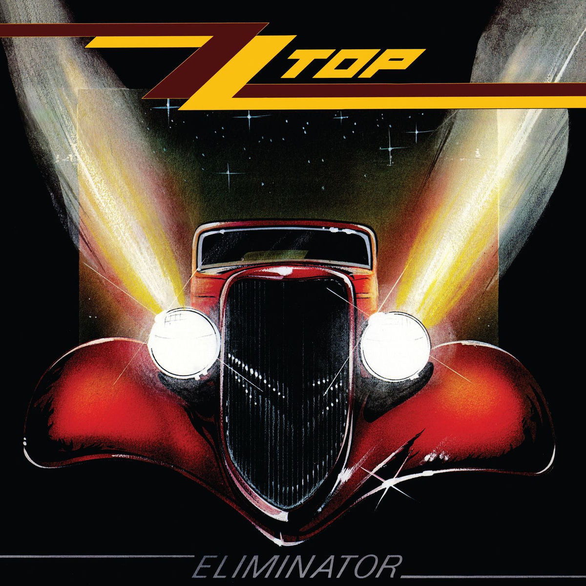 ZZ Top - Eliminator Vinyl Album cover of ZZ Top's 'Eliminator' with a red car and bright lights.