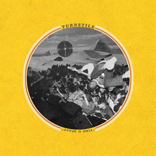 Turnstile - Time & Space Album cover with a crowd scene and 'Turnstile' text on a yellow background