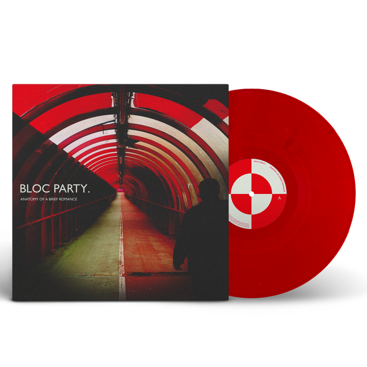 Bloc Party - Anatomy Of A Brief Romance (Recycled Red) Vinyl Red vinyl record with a matching cover featuring a silhouette and tunnel design, labeled 'Bloc Party'.