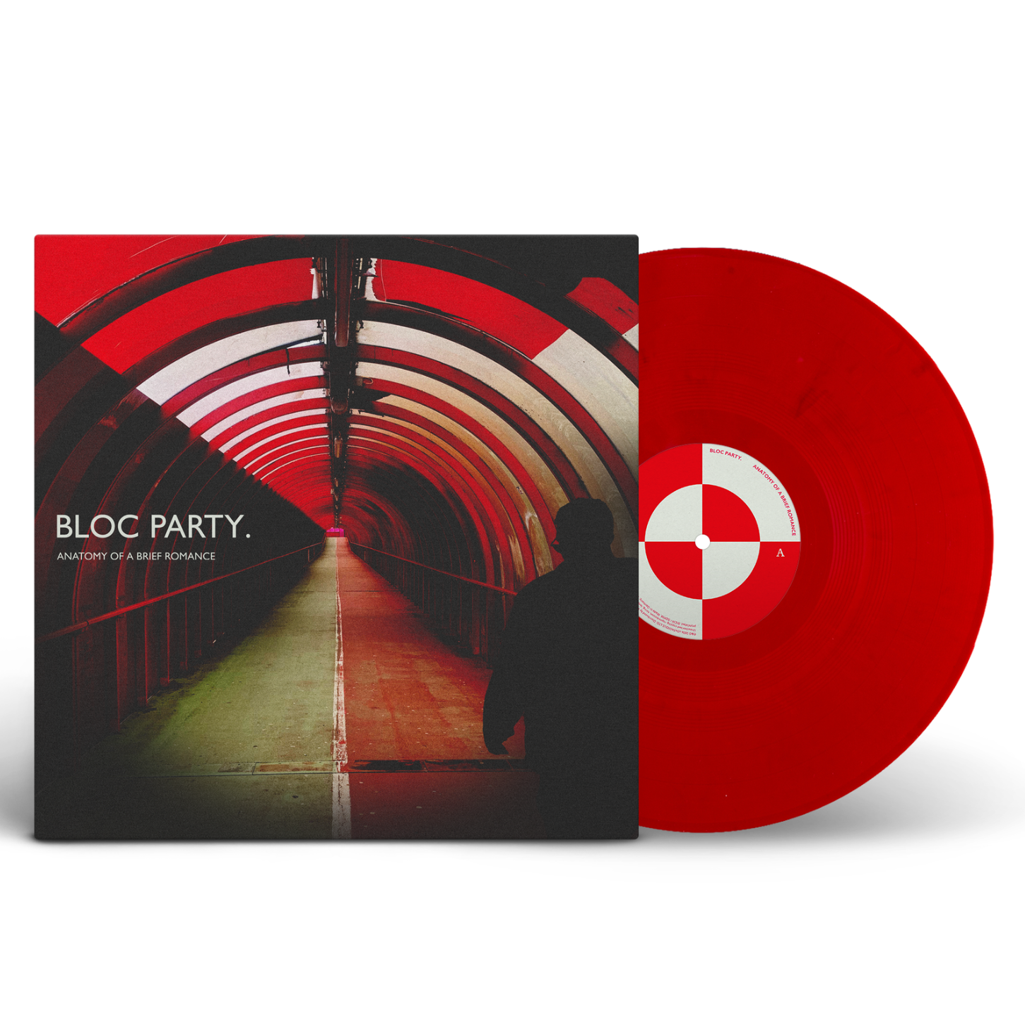 Bloc Party - Anatomy Of A Brief Romance (Recycled Red) Vinyl Red vinyl record with a matching cover featuring a silhouette and tunnel design, labeled 'Bloc Party'.