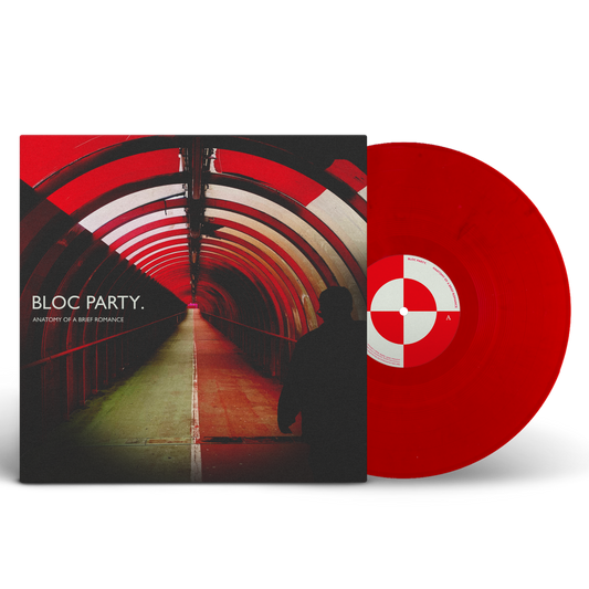 Bloc Party - Anatomy Of A Brief Romance (Recycled Red) Vinyl Red vinyl record with a matching cover featuring a silhouette and tunnel design, labeled 'Bloc Party'.