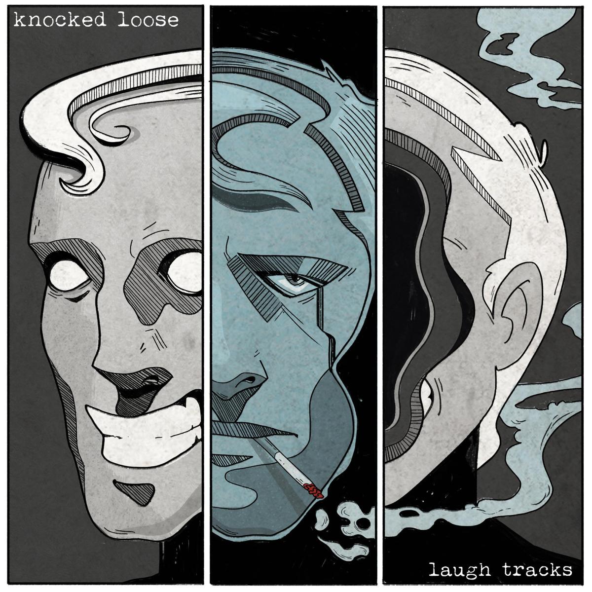 Knocked Loose - Laugh Tracks (Stardust) Vinyl Three-panel illustration of a face with a cigarette, labeled 'knocked loose' and 'laugh tracks'.