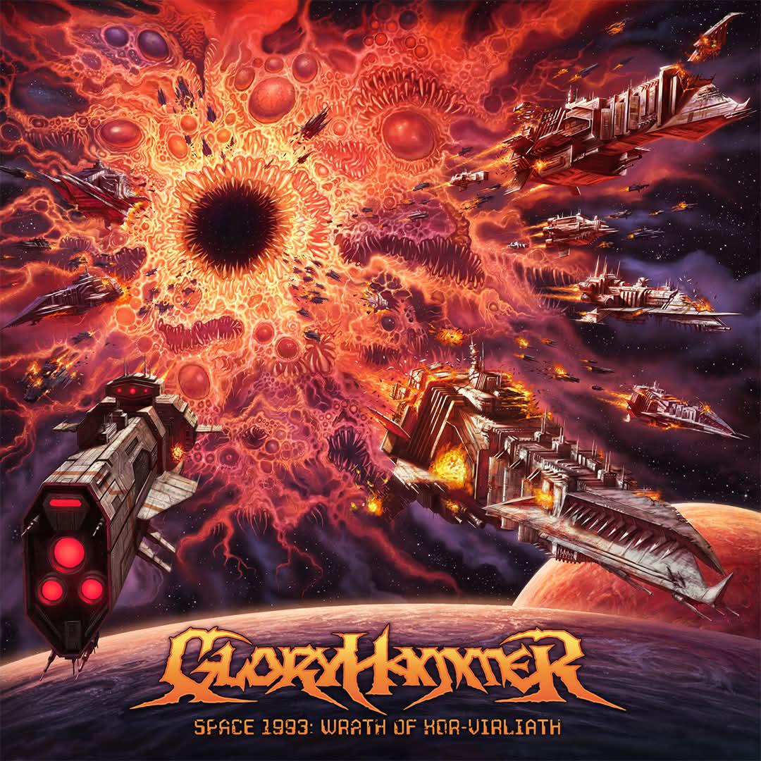 Gloryhammer - Space 1993: Wrath of Kor-Virliath Vinyl Album cover art for Gloryhunter's 'Space 1993: Wrath of Khor-Vialith', featuring a dramatic sci-fi space battle scene with numerous futuristic spacecraft flying around a massive black singularity surrounded by fiery red, orange, and purple nebula clouds, with the album title at the bottom.