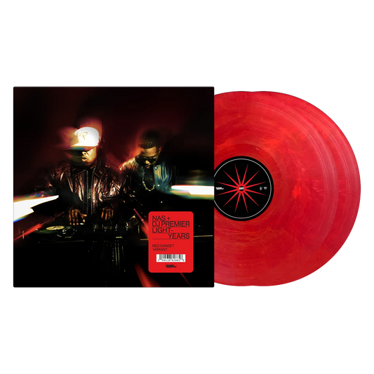Nas Red vinyl record with a black label and a DJ on the cover