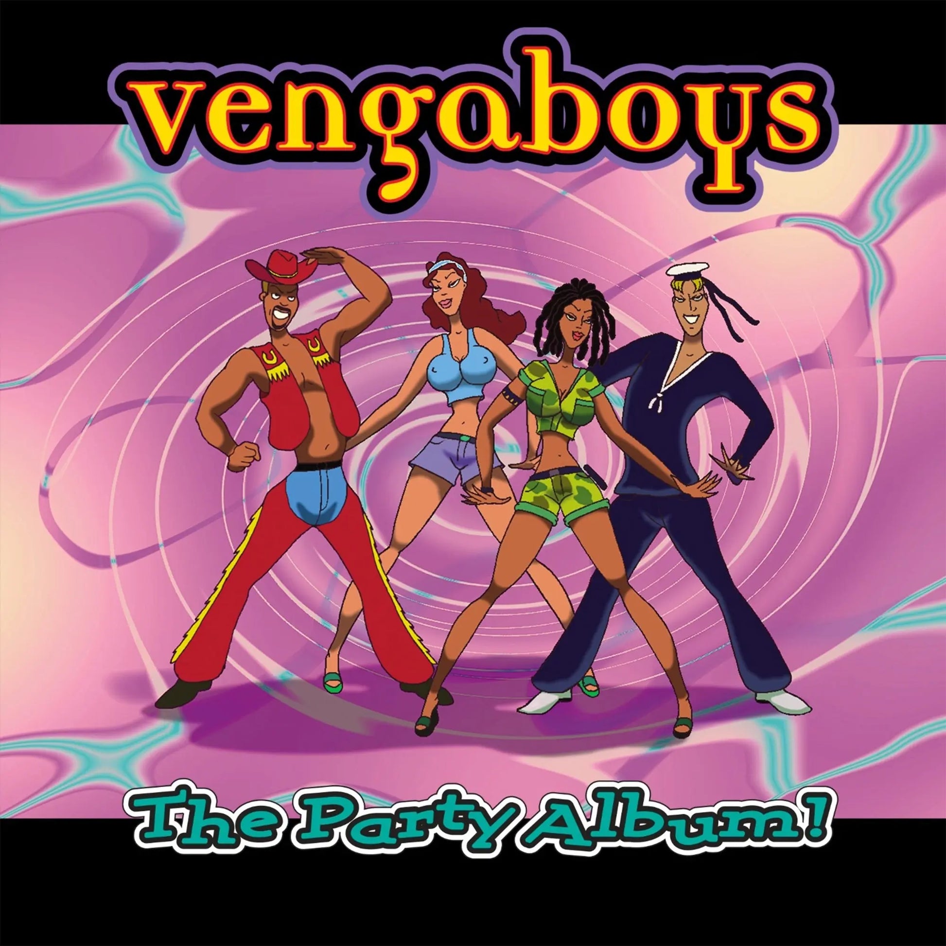 Vengaboys - The Party Album! Album cover for 'The Party Album!' by Vengaboys with cartoon characters on a purple background.