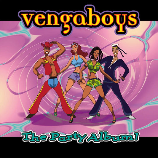 Vengaboys - The Party Album! Album cover for 'The Party Album!' by Vengaboys with cartoon characters on a purple background.
