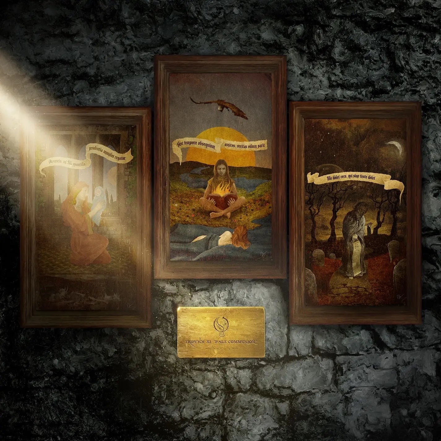 Opeth - Pale Communion Vinyl Three framed artworks on a stone wall with a gold plaque below.