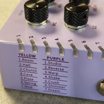 Mooer R7 X2 Audio effect pedal with knobs and labeled settings on a purple background