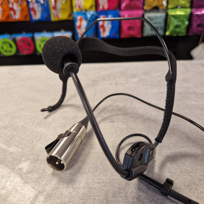 Pre-Owned Shure WH20XLR Headset Microphone - XLR Microphone with cable and metal connector on a textured surface with colourful packaging in the background