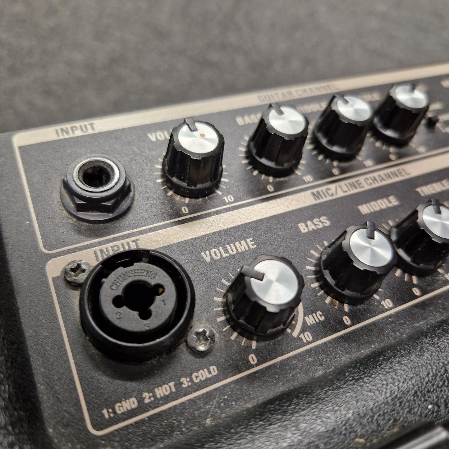 Pre-Owned Roland Close-up of audio equipment with knobs and connectors on a gray background