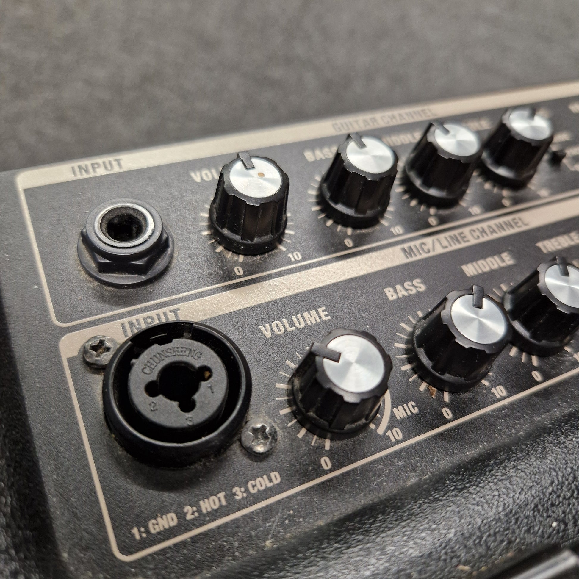 Pre-Owned Roland Close-up of audio equipment with knobs and connectors on a gray background