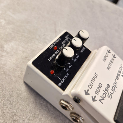 Pre-Owned Boss NS-2 Guitar effects pedal with labeled ports on a gray surface