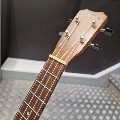 Pre-Owned Islander by Kanilea MT-4 Close-up of a guitar headstock with tuning pegs on a blurred background