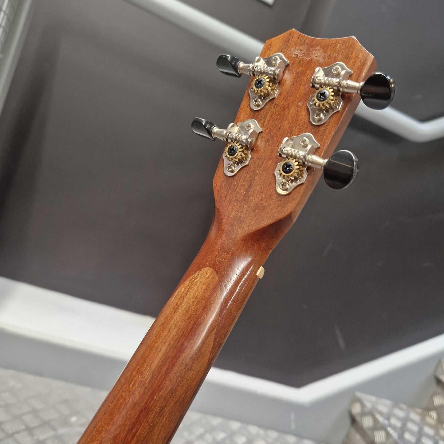 Pre-Owned Islander by Kanilea MT-4 Close-up of a guitar headstock with tuning pegs on a blurred background
