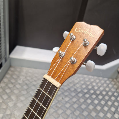 Pre-Owned Cordoba 15CM Close-up of a guitar headstock with 'Cordoba' branding on a blurred background