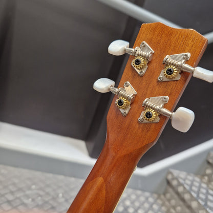 Pre-Owned Cordoba 15CM Close-up of a guitar headstock with tuning pegs on a blurred background