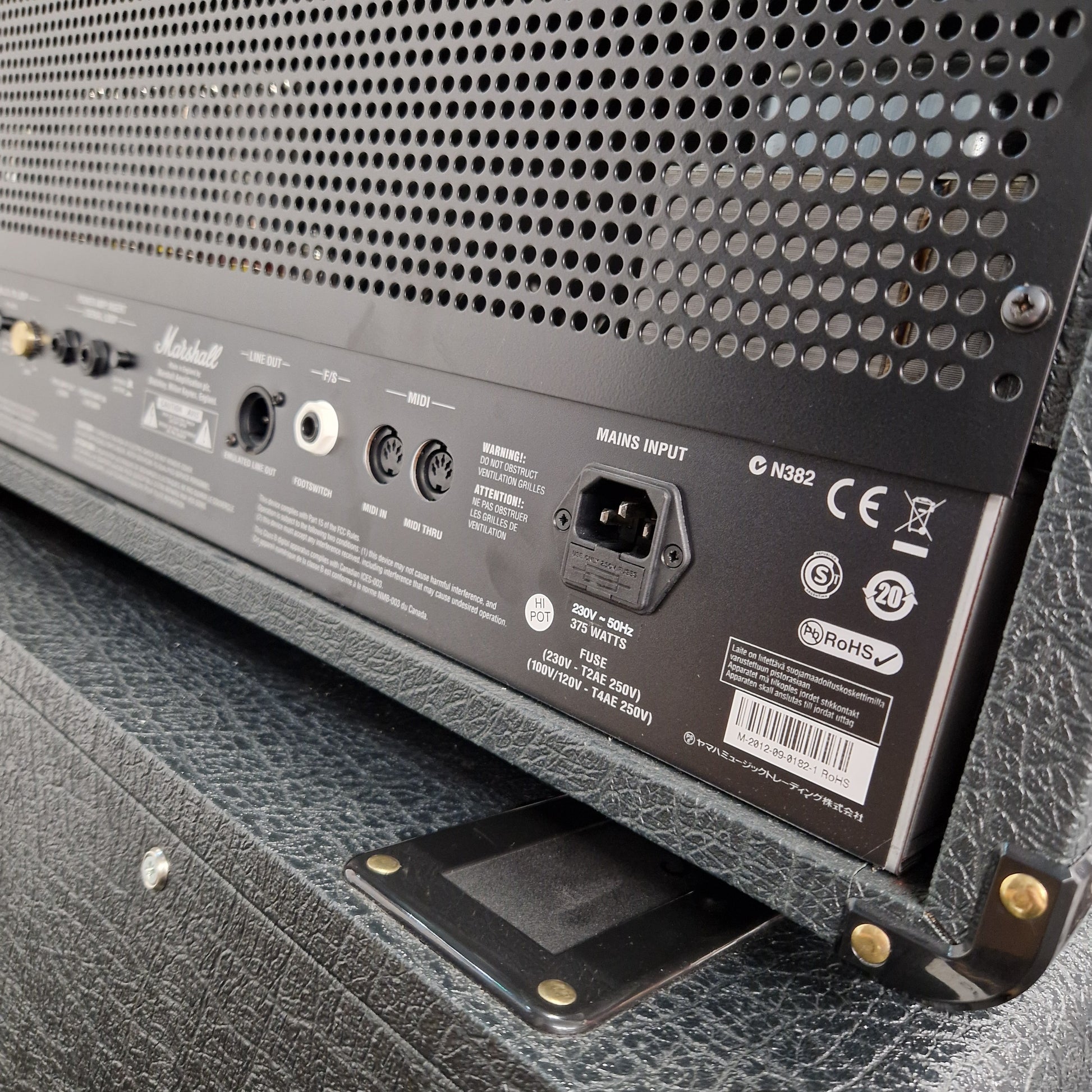 Pre-Owned Marshall JVM410H Back panel of a guitar amplifier with control knobs and labels.