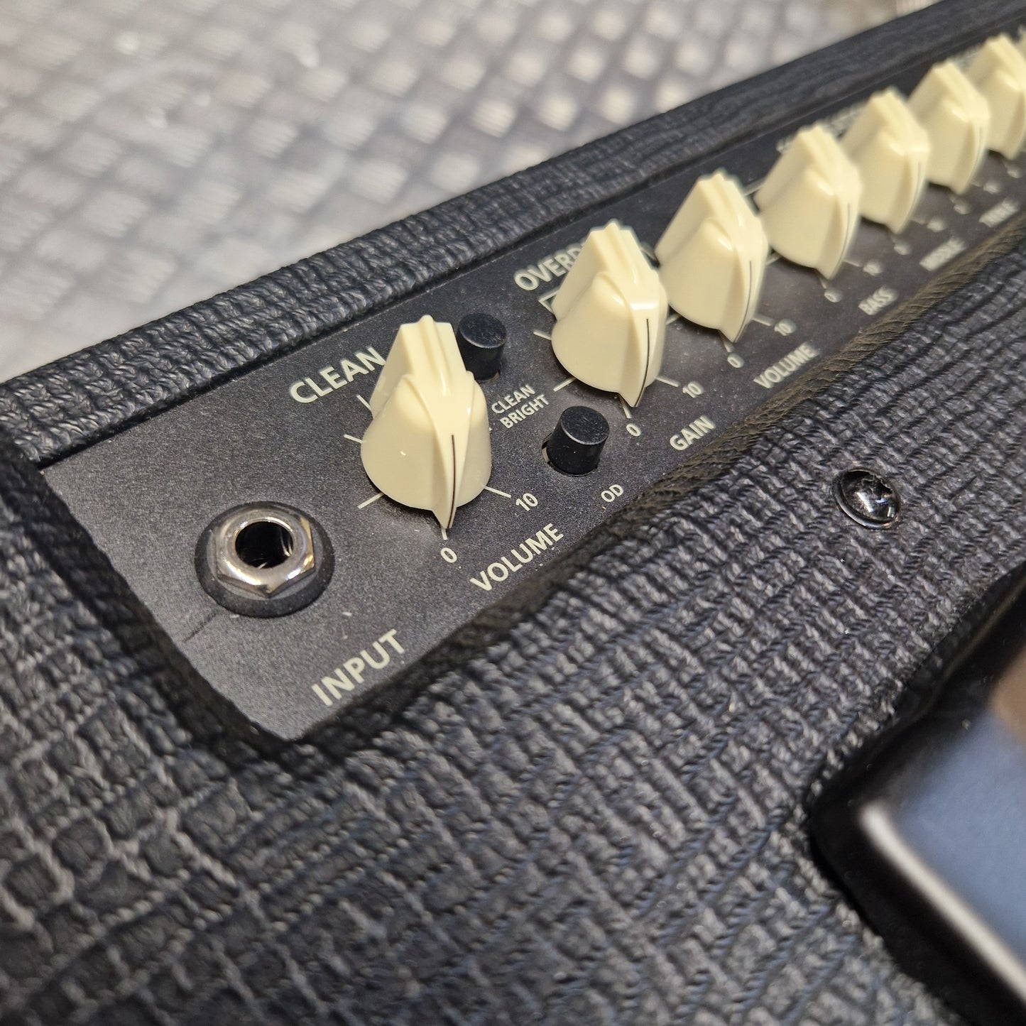 Pre-Owned Blackstar Debut 50R Close-up of a guitar amplifier with control knobs and labels.