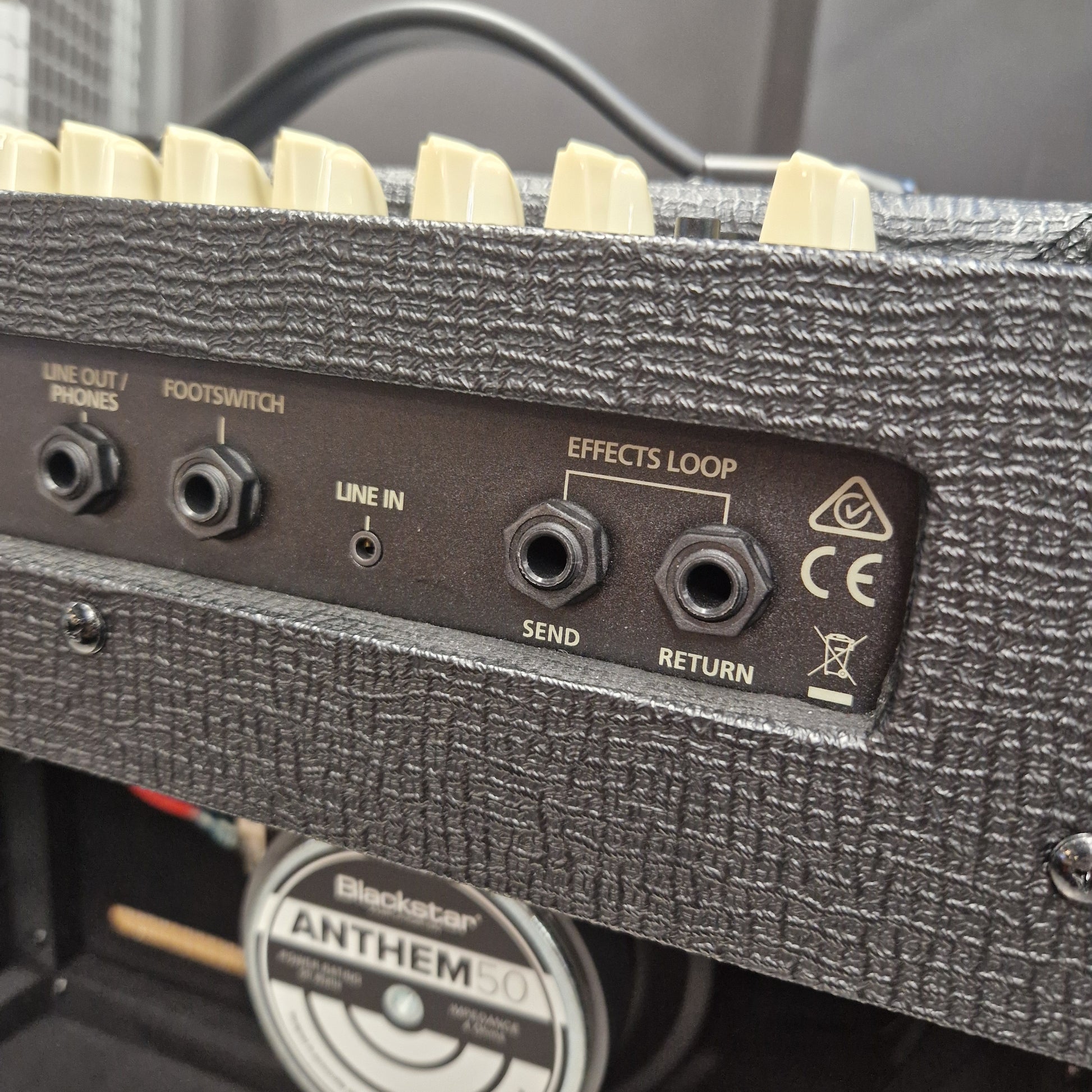 Pre-Owned Blackstar Debut 50R Close-up of a guitar amplifier with control knobs and labels.