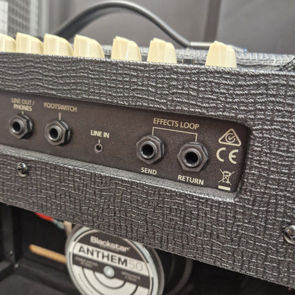 Pre-Owned Blackstar Debut 50R Close-up of a guitar amplifier with control knobs and labels.