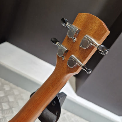 Pre-Owned Alvarez RU26CCE Close-up of a guitar headstock with tuning pegs on a blurred background