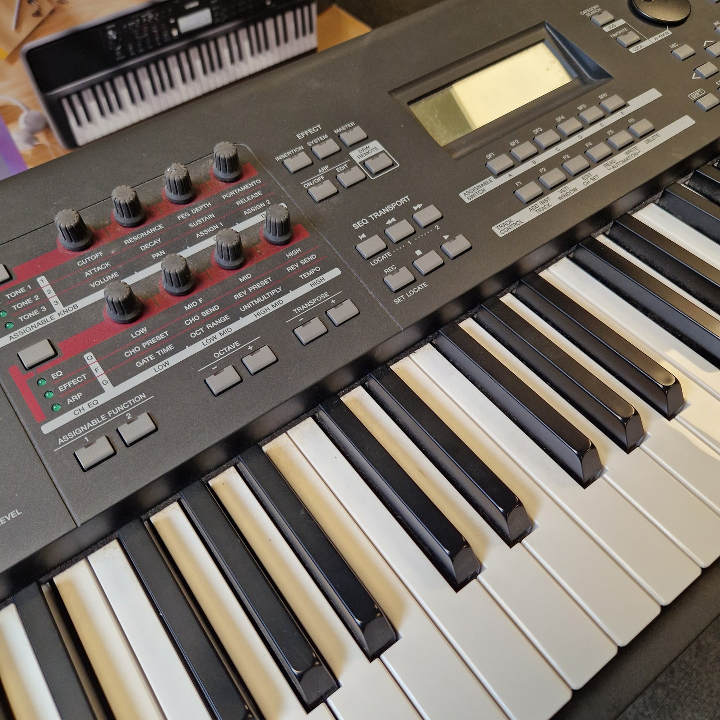 Pre-Owned Yamaha MOXF8 Close-up of a keyboard with control panel and buttons
