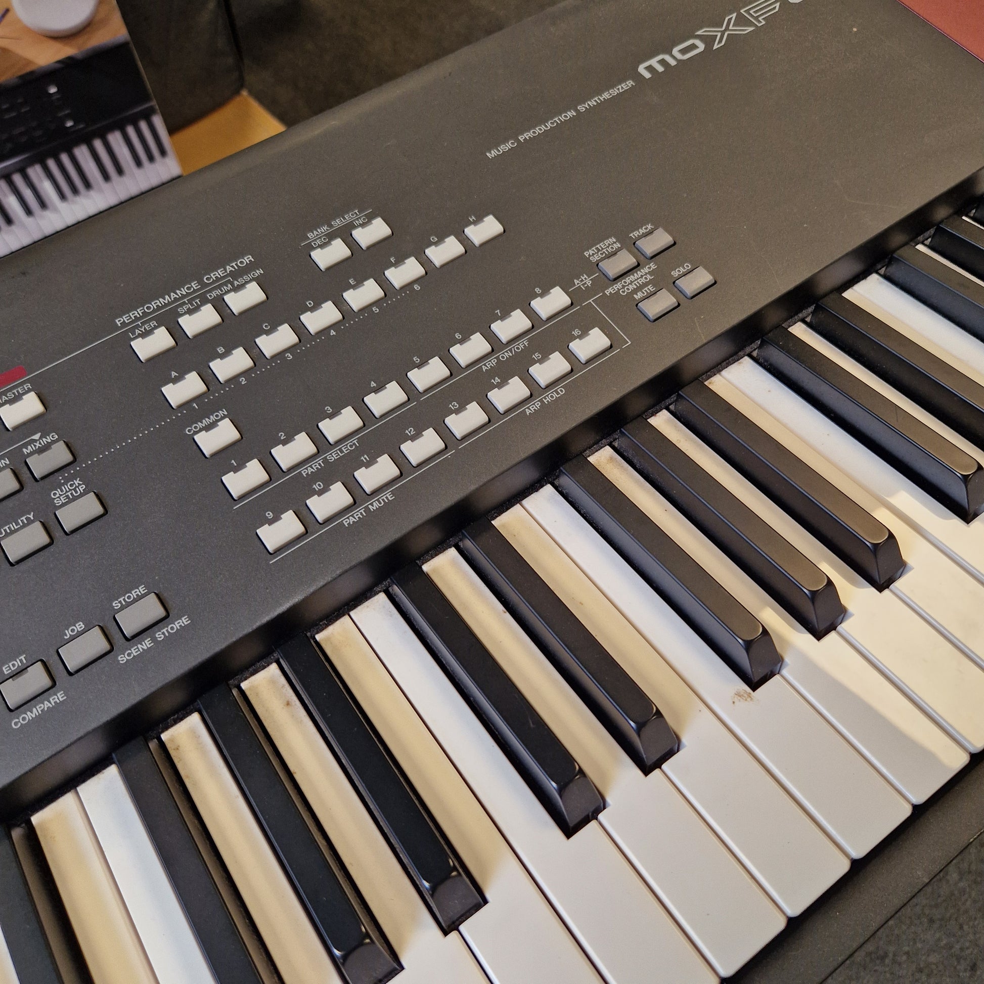 Pre-Owned Yamaha MOXF8 Close-up of a keyboard with visible brand name on keys