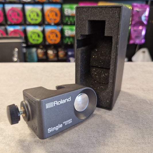 Pre-Owned Roland RT-30H A Roland Single E LED light meter and battery charger accessory set, featuring a black plastic light meter with a silver lens and black foam packaging insert, photographed on a textured gray surface with a blurred store background.
