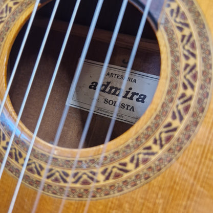 Pre-Owned Admira Solista Classical - Natural Close-up of the soundhole of an acoustic guitar, showing the brand label 'Admira Solista' and the decorative rosette inlay.
