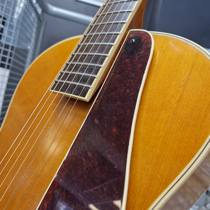 Pre-Owned Epiphone Masterbilt Zenith Classic Electro-Acoustic - Vintage Natural Close-up of an electric guitar body showing the sunburst maple top, dark reddish-brown pickguard, and part of the fretboard with strings.