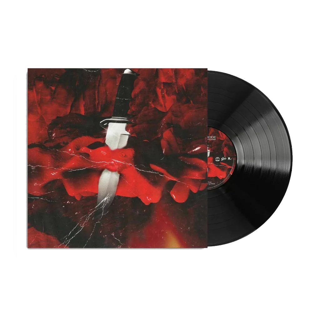 21 Savage & Metro Boomin' - Savage Mode Vinyl A vinyl record partially pulled from its sleeve, featuring a dark red and black abstract cover with a white dagger motif. The black LP is visible behind the sleeve on a plain white background.
