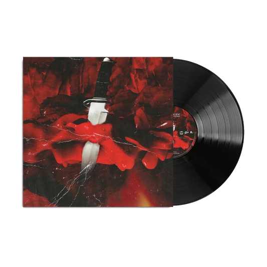 21 Savage & Metro Boomin' - Savage Mode Vinyl A vinyl record partially pulled from its sleeve, featuring a dark red and black abstract cover with a white dagger motif. The black LP is visible behind the sleeve on a plain white background.