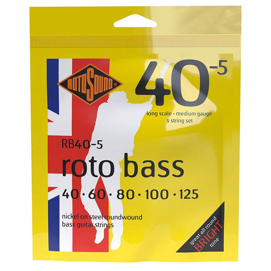 Packaging of Rotosound RB40-5 5-String Bass Strings, featuring bright yellow design and nickel wound information.