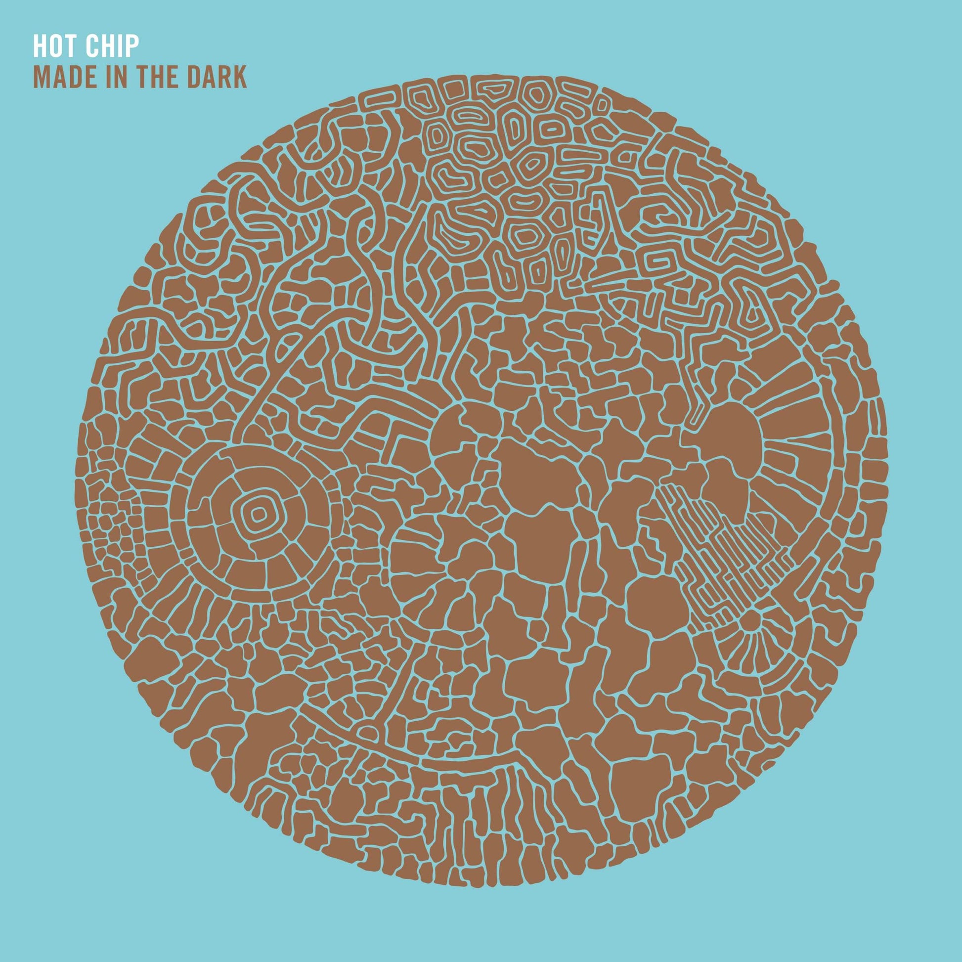 Hot Chip - Made In The Dark Album cover with intricate brown pattern on a light blue background, featuring the text 'Hot Chip Made in the Dark'.