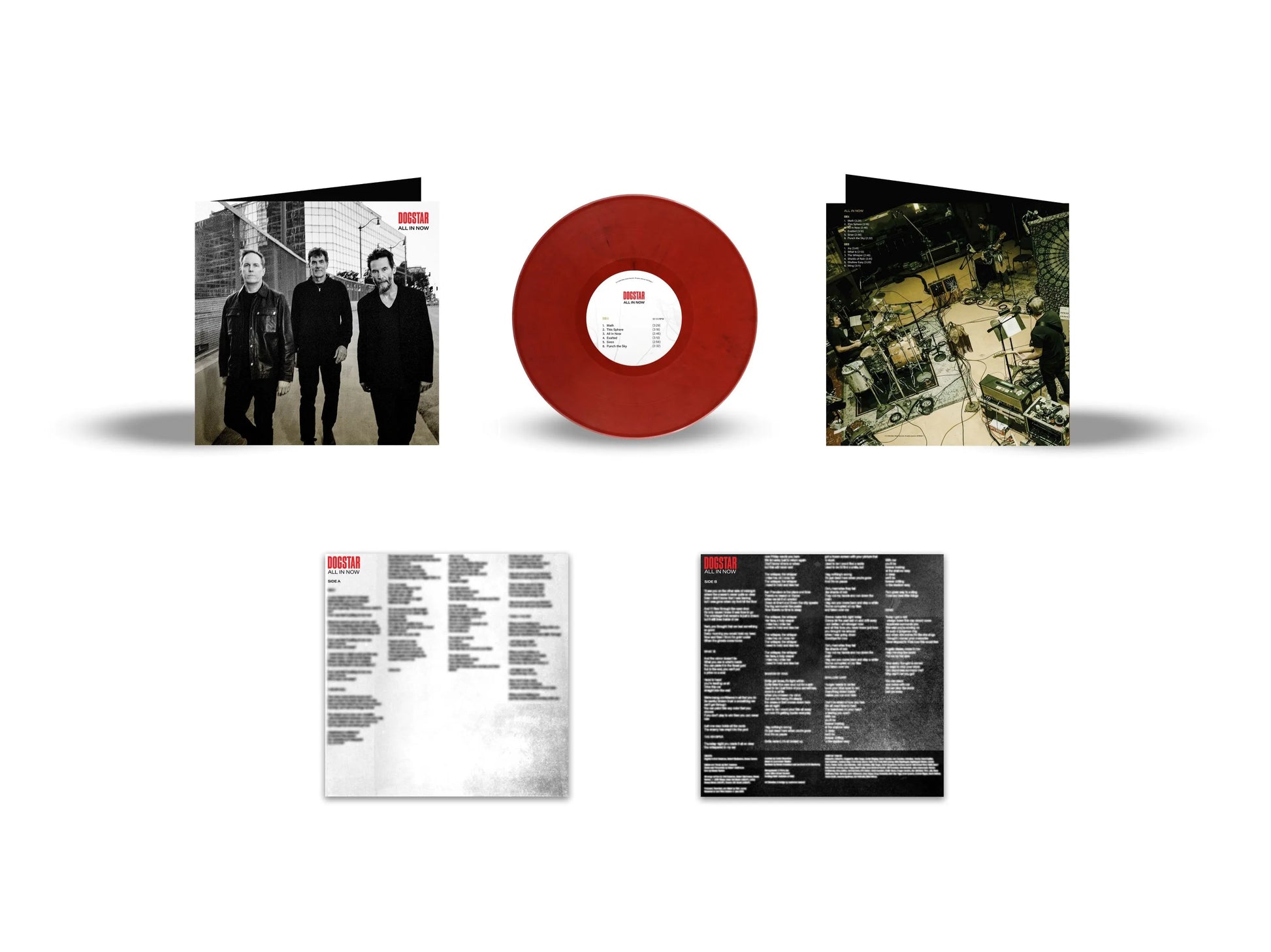 Dogstar - All In Now Red vinyl record with four corresponding album covers on a white background