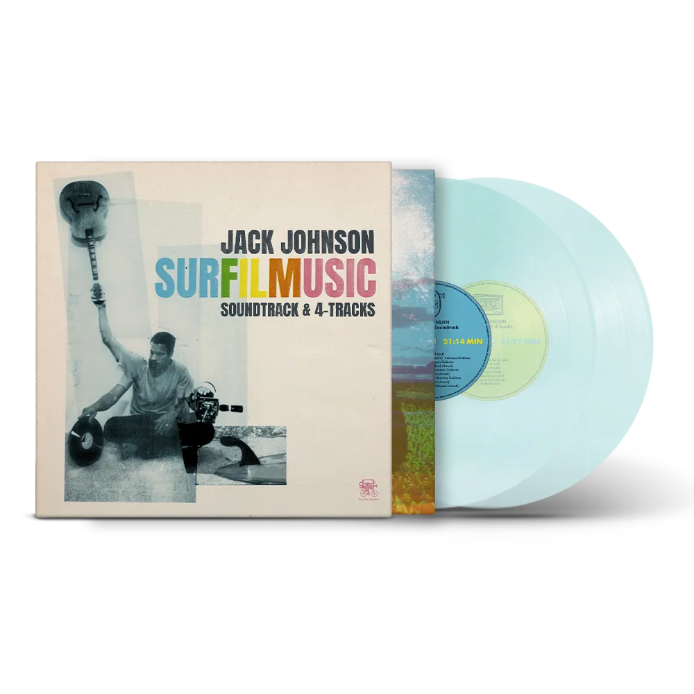 Jack Johnson - SURFILMUSIC (Soda Pop Bottle Blue) Vinyl Vinyl record and cover with 'Jack Johnson Surfilmusic' on a white background