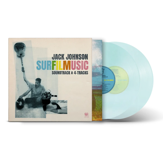 Jack Johnson - SURFILMUSIC (Soda Pop Bottle Blue) Vinyl Vinyl record and cover with 'Jack Johnson Surfilmusic' on a white background