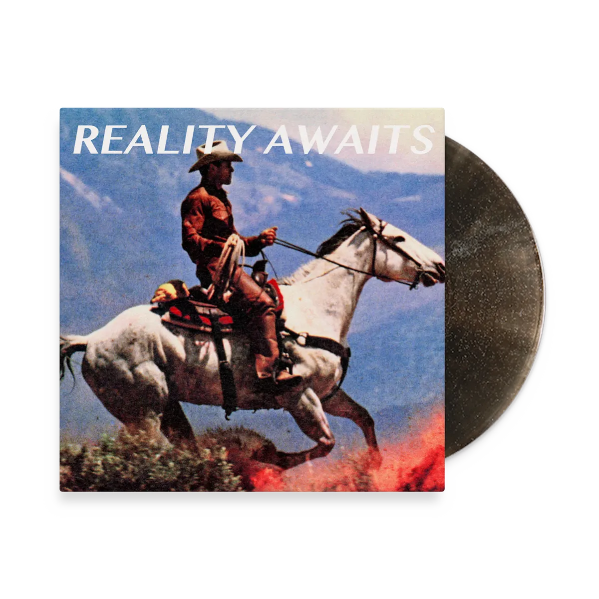 The Strokes - Reality Awaits (Black Ice Glitter) Vinyl Vinyl record album cover for 'Reality Awaits' featuring a cowboy riding a white horse with mountains and fire in the background, with a partially visible dark vinyl record behind the square cover.