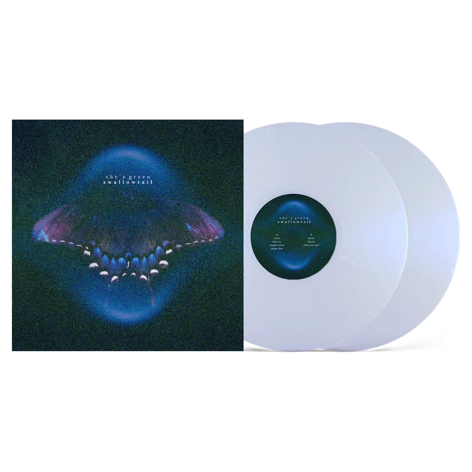 She's Green - Swallowtail Vinyl record with a cover featuring a blue and purple abstract design on a white background