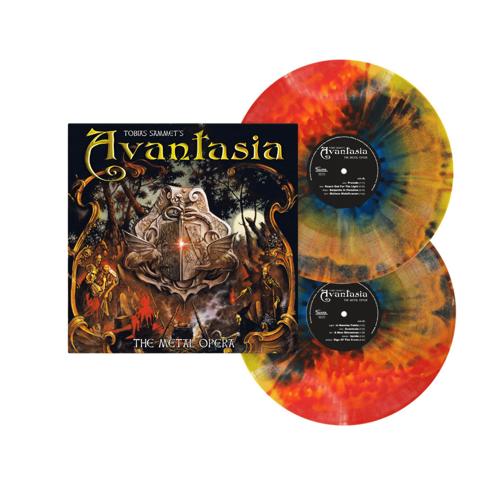 4255698502176 Tomasz Damań's Avantasia - The Metal Opera vinyl record album with its illustrated cover sleeve and two marbled translucent records in orange, yellow, blue, and red tones, shown on a plain white background.