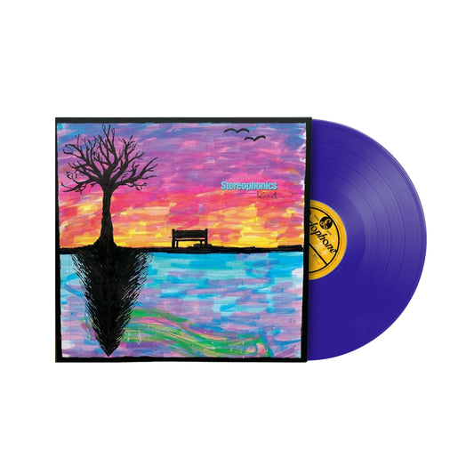 Stereophonics - Kind (Purple) Vinyl A vinyl record partially pulled from its sleeve, showing a colorful surreal landscape artwork with a tree, bench, and reflective water, alongside a translucent purple record with a yellow label.
