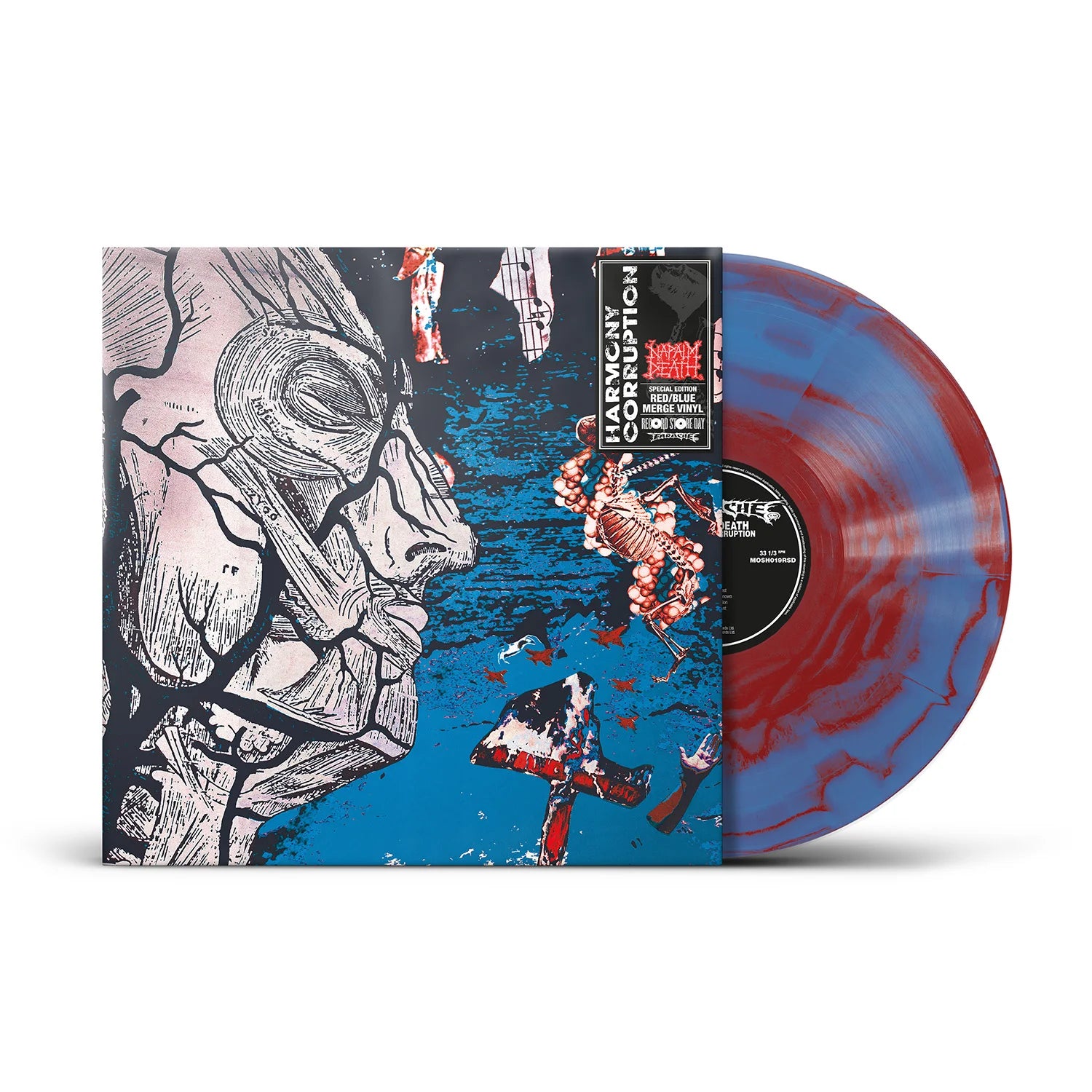 Napalm Death - Harmony Corruption (Blue & Red Merge) Vinyl RSD26 Vinyl record with a colorful cover featuring artistic design