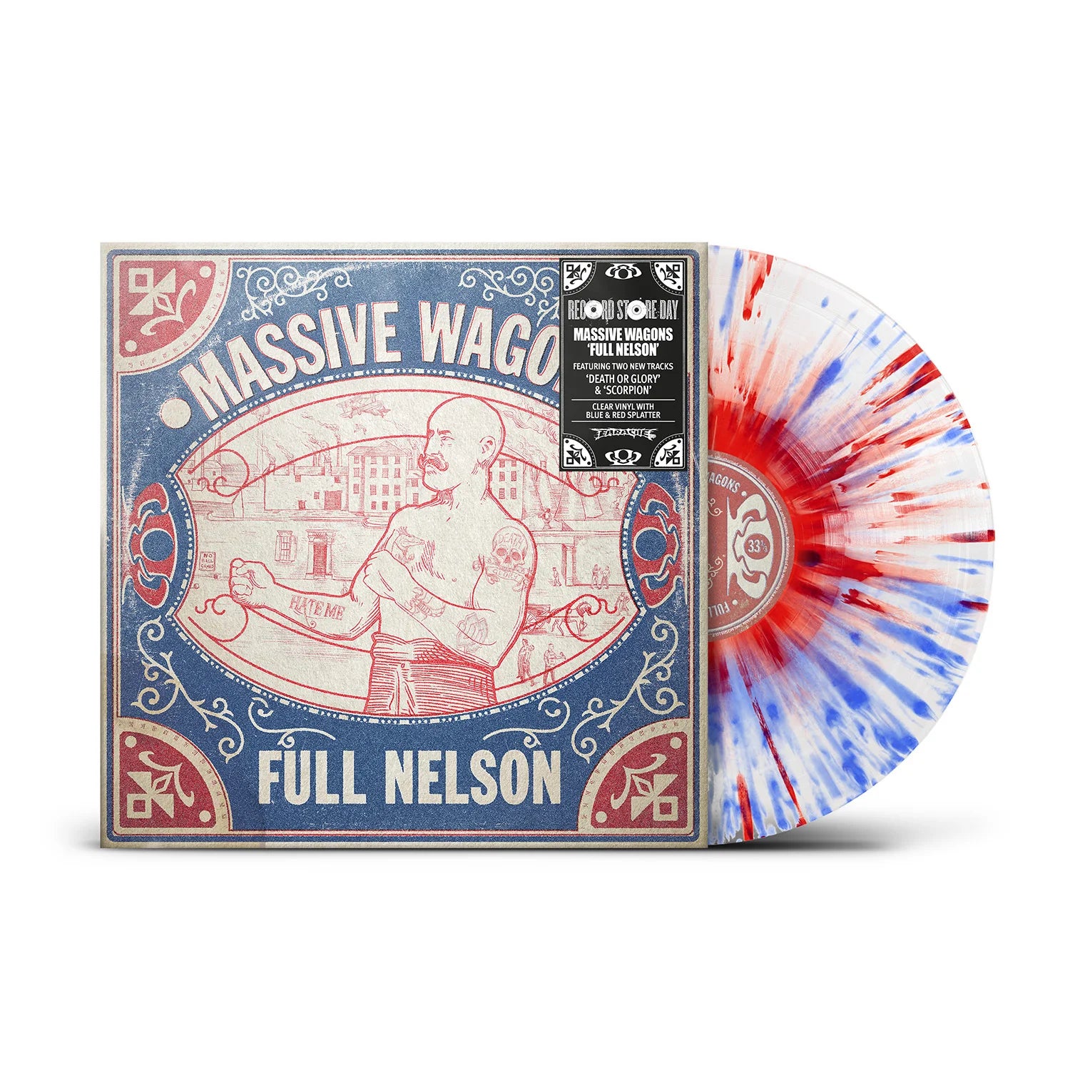 Massive Wagons - Full Nelson (White with Blue & Red Splatter) Vinyl RSD26 Vinyl record with colorful sleeve featuring 'Massive Wagon' and 'Full Nelson' text on a white background.