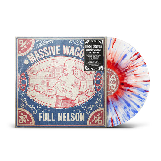 Massive Wagons - Full Nelson (White with Blue & Red Splatter) Vinyl RSD26 Vinyl record with colorful sleeve featuring 'Massive Wagon' and 'Full Nelson' text on a white background.